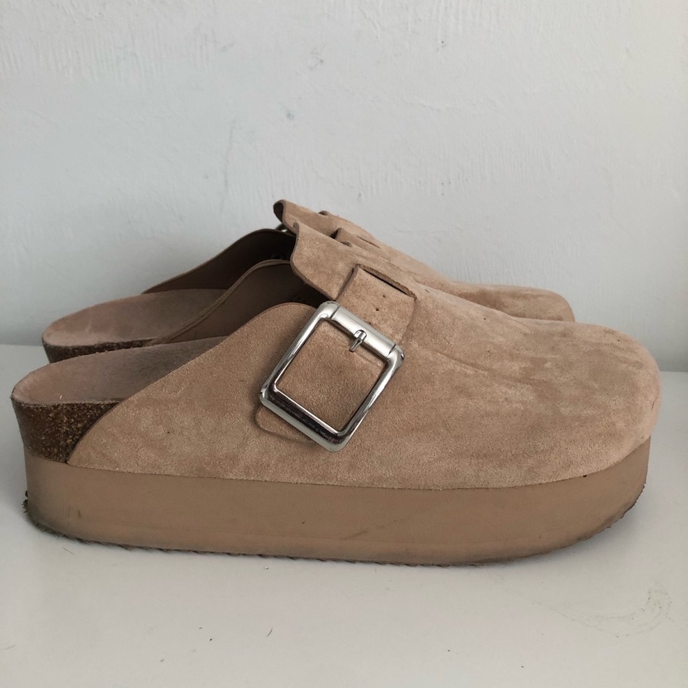 Madden NYC Suede Platform Clogs with Silver Buckle